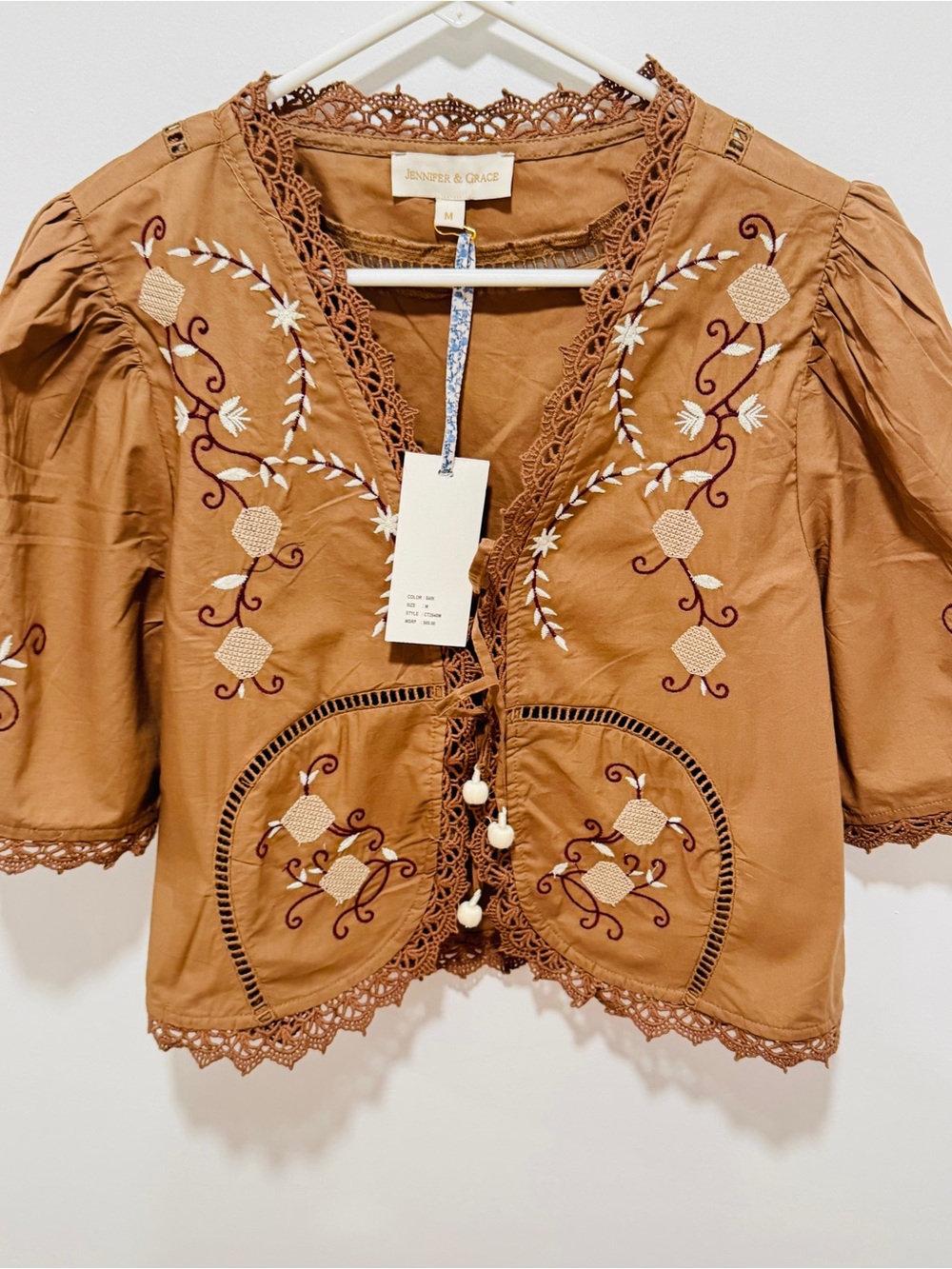 Jennifer & Grace Tan Embroidered Crochet-Trim Blouse